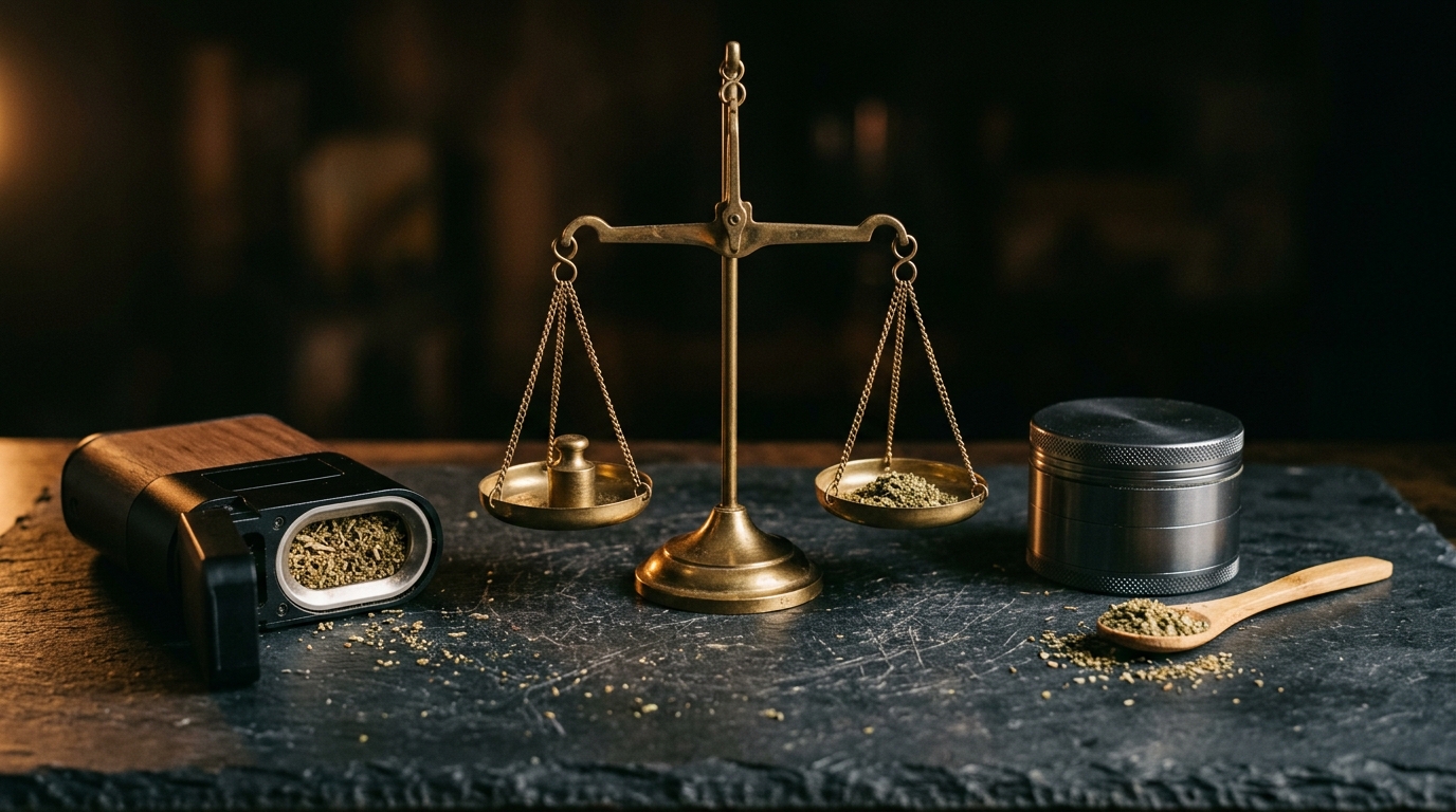 An open vaporiser chamber, herb grinder and brass balance scale with ground herb arranged on dark slate.