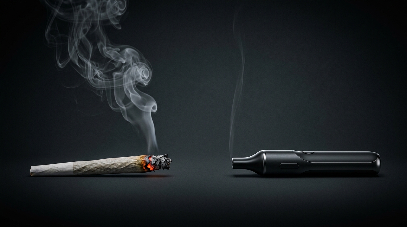 A lit joint with a glowing cherry and rising smoke beside a convection vaporiser emitting a thin wisp of vapour, photographed on a dark background.