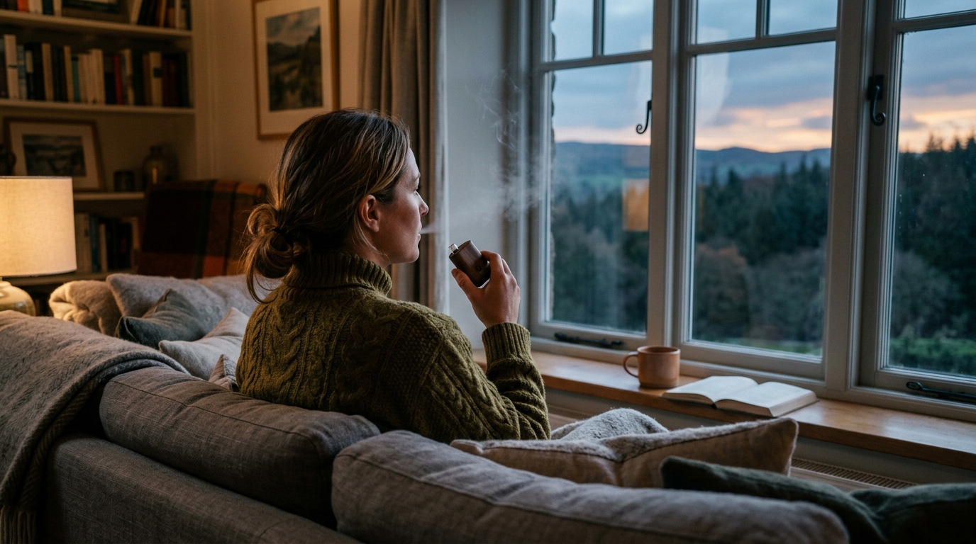 A person relaxing on a sofa by a large window at dusk, exhaling a soft wisp of vapour from a handheld vaporiser.