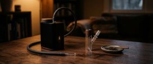 A desktop dry herb vaporiser and a glass handheld vaporiser on a dark walnut table beside a small dish of dried herb, in warm moody light.